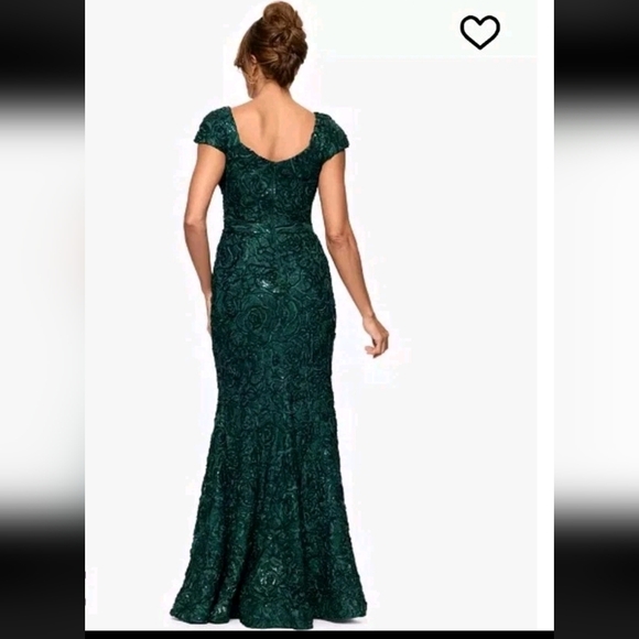 $259 XSCAPE Soutache Cap Sleeve Asymmetric Neck Long Dress Sz 8 Green Holiday - Picture 2 of 16